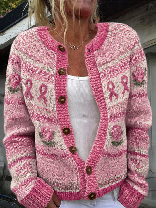 Women's Vintage Pink Roses Breast Cancer Ribbon Isle Pattern Print Cardigan