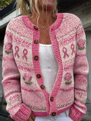 Women's Vintage Pink Roses Breast Cancer Ribbon Isle Pattern Print Cardigan