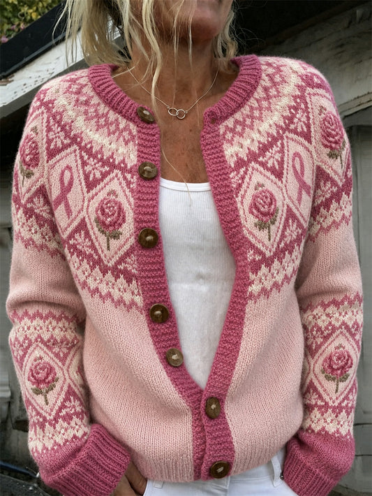 Women's Pink Flower and Pink Charity Ribbon Pattern Printed Casual Cardigan-Style Knit Jacket