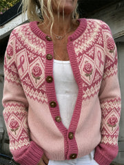 Women's Pink Flower and Pink Charity Ribbon Pattern Printed Casual Cardigan-Style Knit Jacket