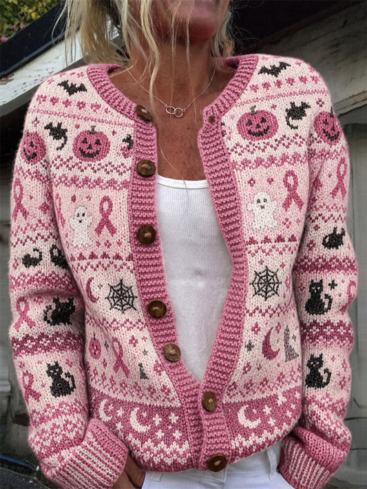 Women's Vintage Halloween Breast Cancer Pink Ribbon Isle Pattern Print Cardigan