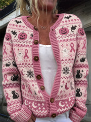 Women's Vintage Halloween Breast Cancer Pink Ribbon Isle Pattern Print Cardigan