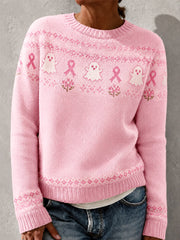 Women's Pink Ribbon Floral Ghost Print Breast Cancer Awareness Support Sweater