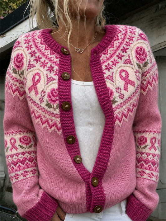 Women's Pink Flower and Pink Charity Ribbon Pattern Printed Casual Cardigan-Style Knit Jacket