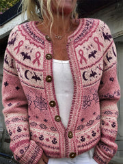 Women's Vintage Halloween Breast Cancer Pink Ribbon Isle Pattern Print Cardigan