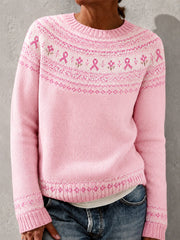 Women's Pink Ribbon Floral Print Breast Cancer Awareness Support Sweater