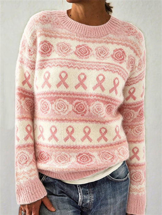 Women's Pink Flower and Pink Charity Ribbon Pattern Printed Casual Long Sleeve Sweater