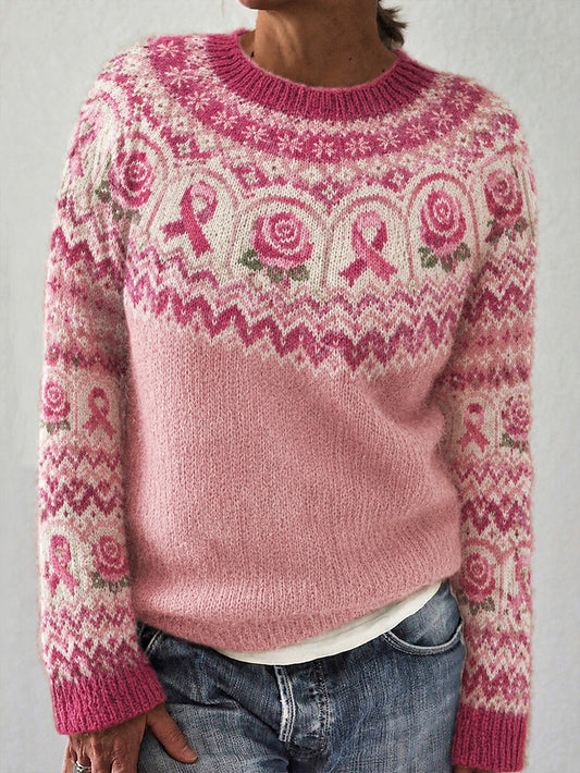 Women's Pink Flower and Pink Charity Ribbon Pattern Printed Casual Long Sleeve Sweater