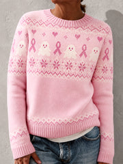 Women's Pink Ribbon Floral Ghost Print Breast Cancer Awareness Support Sweater