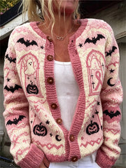 Women's Vintage Halloween Breast Cancer Pink Ribbon Isle Pattern Print Cardigan