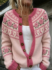 Women's Pink Flower and Pink Charity Ribbon Pattern Printed Casual  Cardigan-Style Knit Jacket