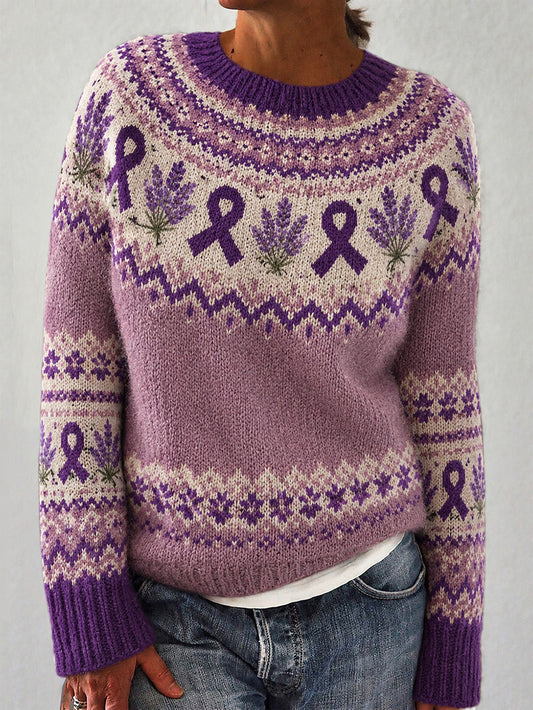 Women's Purple Flower and Purple Charity Ribbon Pattern Printed Casual Long Sleeve Sweater