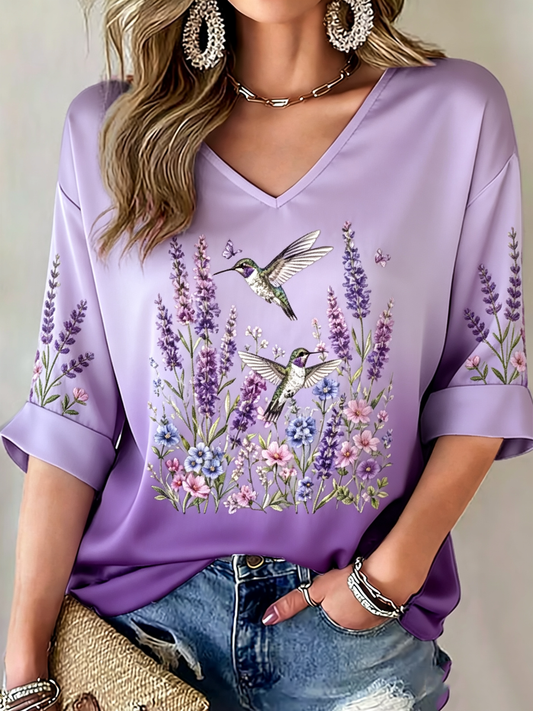 Women's Hummingbird Art Print Mid-length Sleeves V-Neck T-Shirt