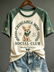 Women's Vintage Chihuahua Mom Social Club Print Raglan short sleeve T-shirt