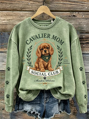 Women's Vintage Cavalier Mom Social Club Dog Lover Print Sweatshirt