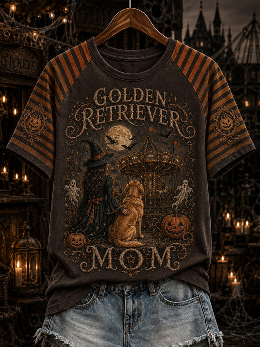 Women's Halloween Witch And Dog Pattern Printed Casual Short Sleeve T-shirt