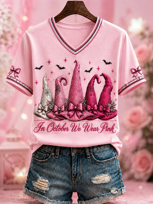 Women's “In October We Wear Pink” Printed V-neck T-shirt