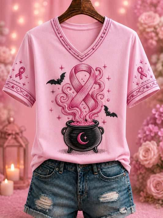 Women's Breast Cancer Pink Printed V-neck T-shirt
