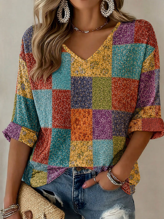 Women's Baina Cloth Print Mid-length Sleeves V-Neck T-Shirt