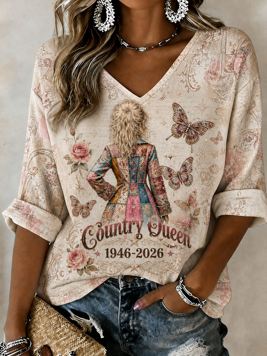 Women's Rip Country Music Lover Queen of Country Printed Mid-length Sleeves V-Neck T-Shirt