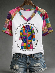 Women's She Is Clothed With Strength And Dignity Patchwork Print Country Music Legend Tribute V-Neck Tee