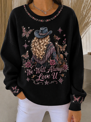 Women's Rip Country Music Lover Queen of Country Printed Ribbed Round-Neck Sweatshirt