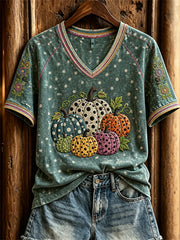 Women's Classic Fall Pumpkin Polka Dots Art Print short-sleeved T-shirt