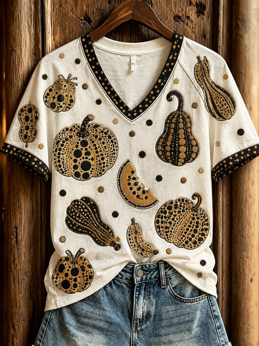 Women's Polka Dot Pumpkin Pattern Casual Short-Sleeved T-shirt
