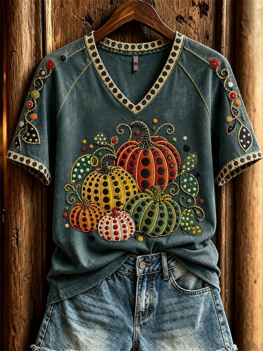 Women's Classic Fall Pumpkin Polka Dots Art Print short-sleeved T-shirt
