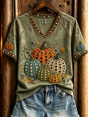 Women's Classic Fall Pumpkin Polka Dots Art Print short-sleeved T-shirt