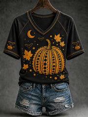 Women's Autumn Halloween Pumpkin Art Print Short Sleeve T-shirt