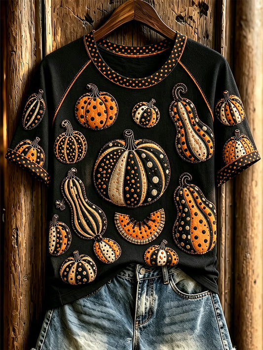 Women's Polka Dot Pumpkin Pattern Casual  Short Sleeve T-shirt