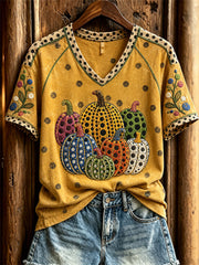 Women's Classic Fall Pumpkin Polka Dots Art Print short-sleeved T-shirt