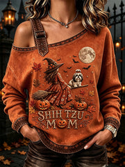 Women's Halloween Fall Shih Tzu Mom Witch & Dog Print Casual Off-Shoulder Sweatshirt