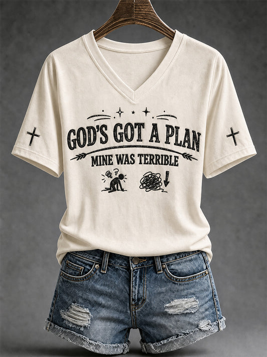 Women's God's Got A Plan Mine Was Terrible Print V-Neck Tee