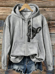 Women's Lovely Peeking French Bulldog Print Cozy Full Zip Hoodie