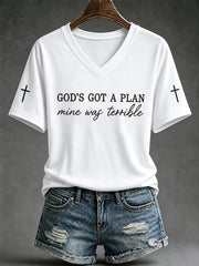 Women's God's Got A Plan Mine Was Terrible Print V-Neck Tee
