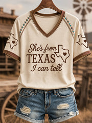 Women's She's From Texas I Can Tell Print Casual V-Neck Tee