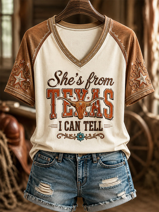 Women's She's From Texas I Can Tell Print Casual V-Neck Tee