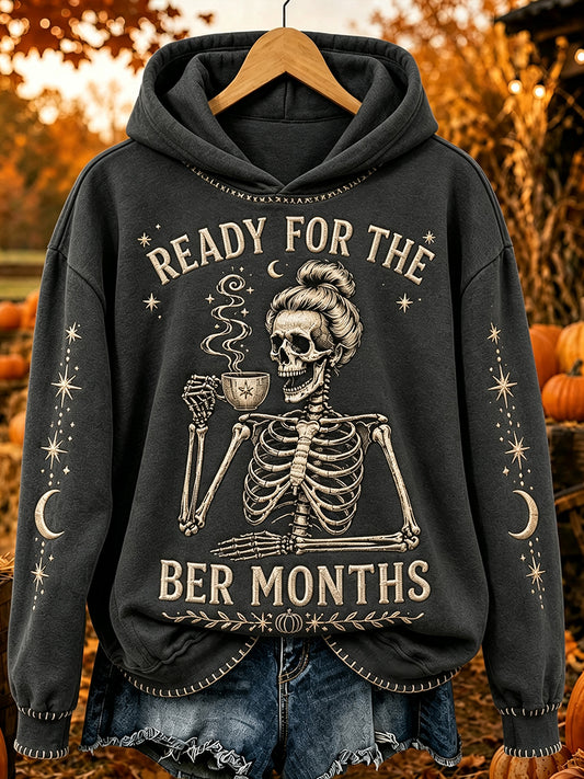 Women's Vintage Ready For The Ber Months Skeleton Print Cozy Hoodie