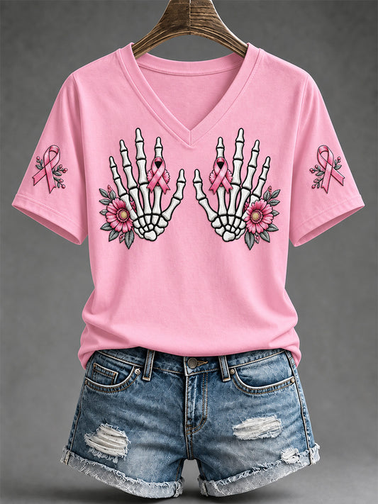 Women's Breast Cancer Awareness Support Print V-Neck Tee