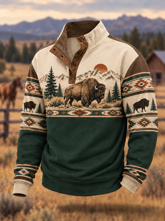 Men's Western-style buffalo print four-button hoodie