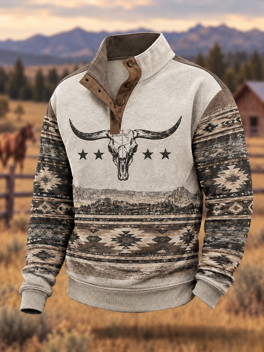Men's Western-style print four-button hoodie