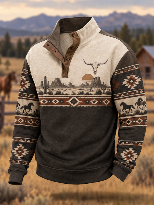 Men's Western-style print four-button hoodie