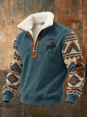 Men's Retro Western Printed Plush Stand Collar Shirt