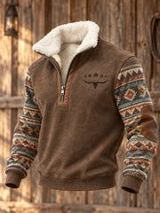 Men's Retro Western Printed Plush Stand Collar Shirt