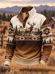 Men's Western-style moose print four-button hoodie