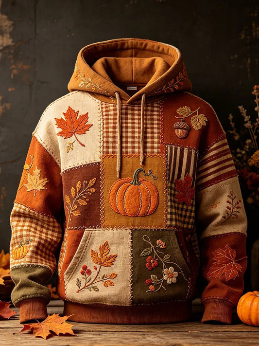 Men's Autumn Pattern Print Oversized Drop-Shoulder Hoodie With Pockets