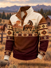 Men's Western-style horse print four-button hoodie