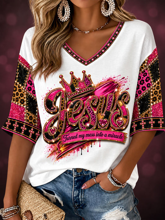 Women's "Jesus turned my mess into a mirade" V-neck T-shirts